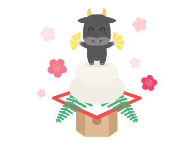 鏡餅にのった牛のキャラクターのイラスト