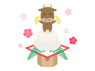 鏡餅にのった牛のキャラクターのイラスト
