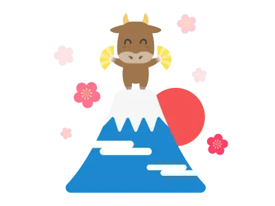 富士山の頂上で踊る牛のキャラクターのイラスト
