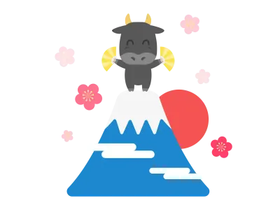 富士山の頂上で踊る牛のキャラクターのイラスト