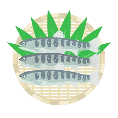 ザルにのせたイワナのイラスト