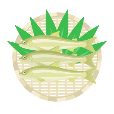 ザルにのせた鮎のイラスト