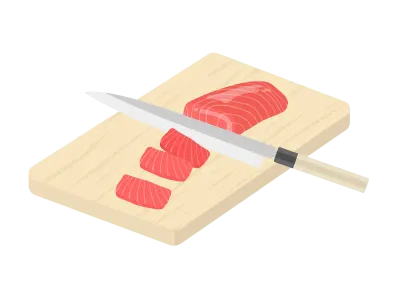 マグロの切り身を包丁で切るイラスト