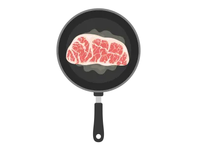 ステーキをフライパンを調理するイラスト