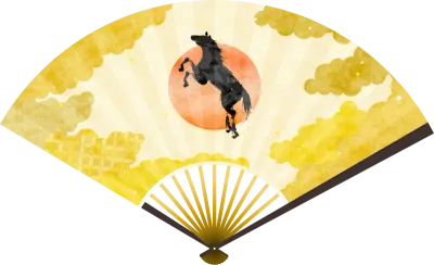 Japanese traditional fan with jumping horse and Japanese pattern background of sea of clouds, Chines
