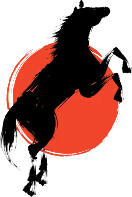 Japanese ink painting style of prancing horse and sunrise on the first day of the New Year, Chinese 