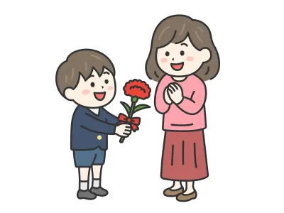 母の日にカーネーションを母親にプレゼントする小学生の男の子のイラスト
