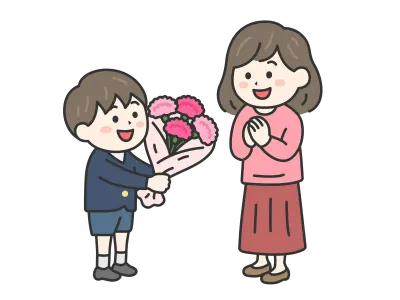 母の日にカーネーションの花束を母親にプレゼントする小学生の男の子のイラスト