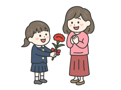 母の日にカーネーションを母親にプレゼントする小学生の女の子のイラスト