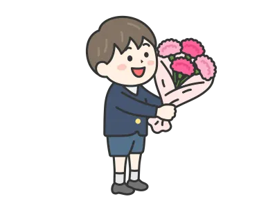 母の日にカーネーションの花束をプレゼントする小学生の男の子のイラスト