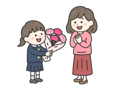 母の日にカーネーションの花束を母親にプレゼントする小学生の女の子のイラスト