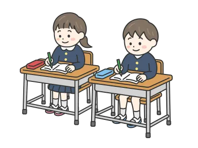 学校の机で勉強する小学生の男の子と女の子のイラスト