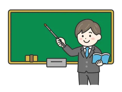 黒板で指し棒を使って授業する男性教師のイラスト