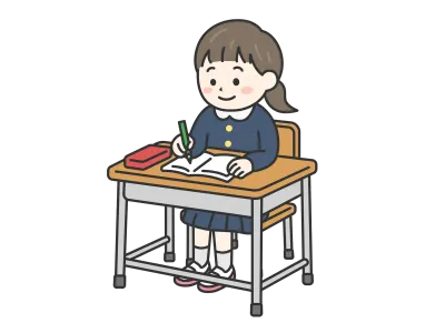 学校の机で勉強する小学生の女の子のイラスト