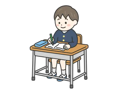 学校の机で勉強する小学生の男の子のイラスト