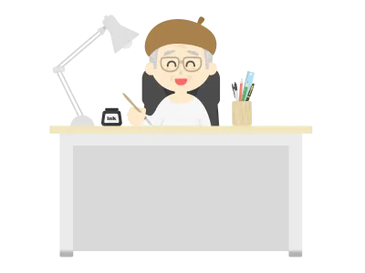 ベレー帽をかぶった男性の漫画家のイラスト