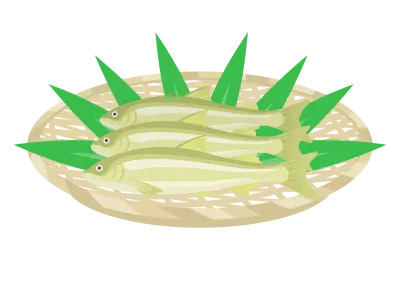 ザルにのせた鮎のイラスト