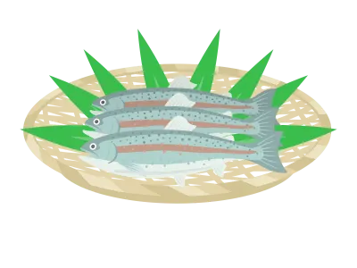 ザルにのせたニジマスのイラスト