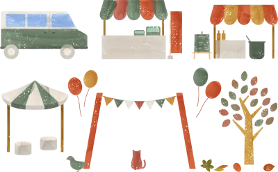 Autumn blue sky market illustration, transparent watercolor style