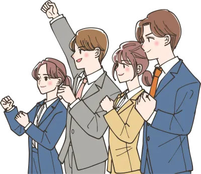 頑張るぞというポーズをしている若いビジネスマンのチーム