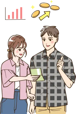 株式投資でお金を増やしている夫婦のイラスト
