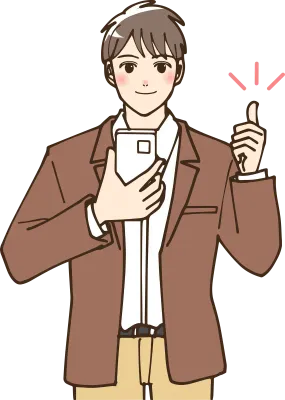 アニメ風のスマホを持ってグッドサインをしている男性