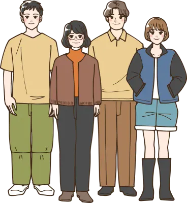 アニメ風の中年夫婦と大人になった子供がいる世帯のイラスト