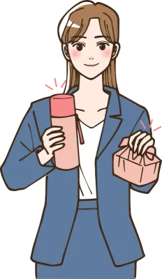 アニメ風のお弁当を持って会社にいく若いビジネスマンの女性のイラスト