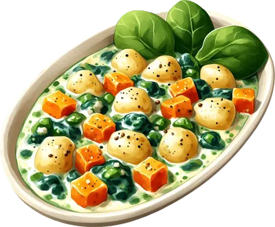 시금치와 고구마 조각을 곁들인 크림 뇨키