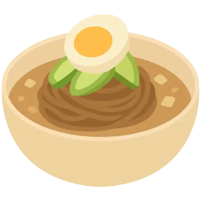 계란과 오이 고명이 올라간 한국 전통 여름 음식 냉면 플랫 아이콘 디자인 일러스트