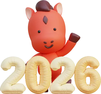 2026 숫자와 함께 있는 병오년 붉은 말 캐릭터 3D 그래픽