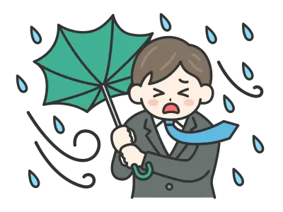 台風の日に傘が裏返ってしまったスーツの男性のイラスト