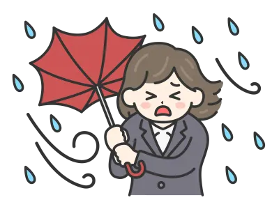 台風の日に傘が裏返ってしまったスーツの女性のイラスト