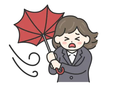 強風で傘が裏返ってしまったスーツの女性のイラスト