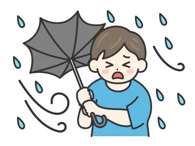 台風の日に傘が裏返ってしまった私服姿の男性のイラスト