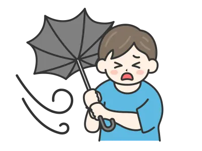 強風で傘が裏返ってしまった私服姿の男性のイラスト