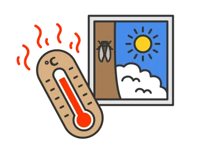 真夏の太陽と高温を示す温度計のイラスト