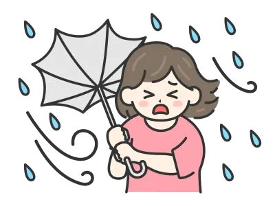 台風の日に傘が裏返ってしまった私服姿の女性のイラスト
