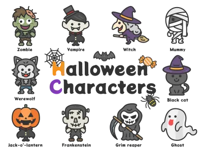 ハロウィンのキャラクターアイコンのイラストセット