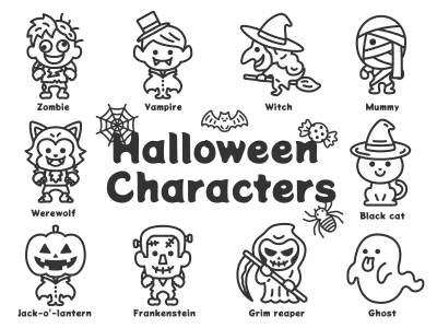 ハロウィンのキャラクターアイコンのイラストセット