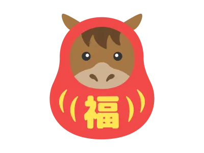 福の文字が入った達磨の衣装を着た馬のキャラクター