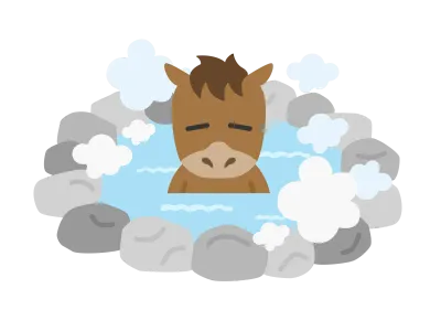 露天風呂の温泉に入る馬のキャラクターのイラスト