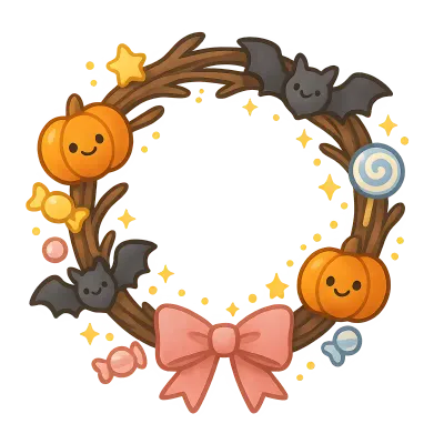 Kawaii Halloween Wreath PNG  Chibi Twig Wreath with Pumpkins, Bats and Candy