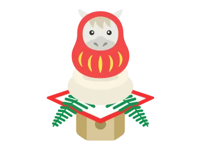 餅にのせた達磨の衣装を着た白馬のキャラクターのイラスト