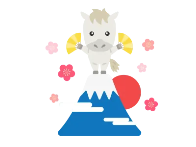 富士山の頂上にいる白馬のキャラクターのイラスト