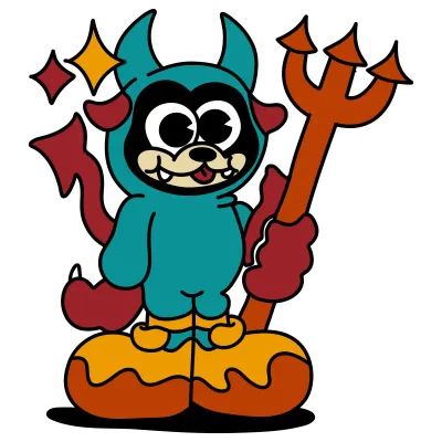 Cute Cartoon Devil Character in Blue Costume with Trident