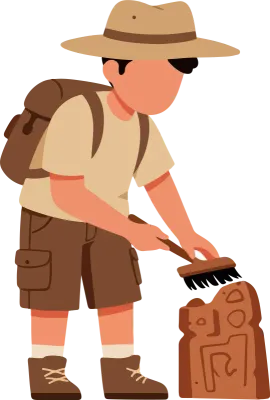 Explorer cleaning ancient stone carving. Discovery.