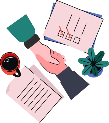 Illustration of Handshake with Documents and Coffee