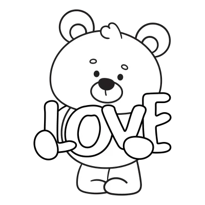 Cute teddy bear outline holding love letter Valentine kawaii coloring book