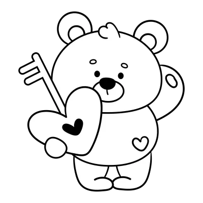 Cute teddy bear outline holding heart key Valentine kawaii coloring book